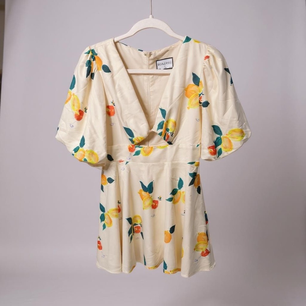 Runaway Cocktail Hour‎ Mini Dress Size S Floral Fruit Print V Neck Short Sleeve